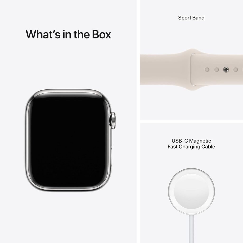 Apple Watch Series 7 [GPS + Cellular 45mm] Smart watch w/Silver Stainless Steel Case with Starlight Sport Band. Fitness Tracker, Blood Oxygen  ECG Apps, Always-On Retina Display, Water Resistant