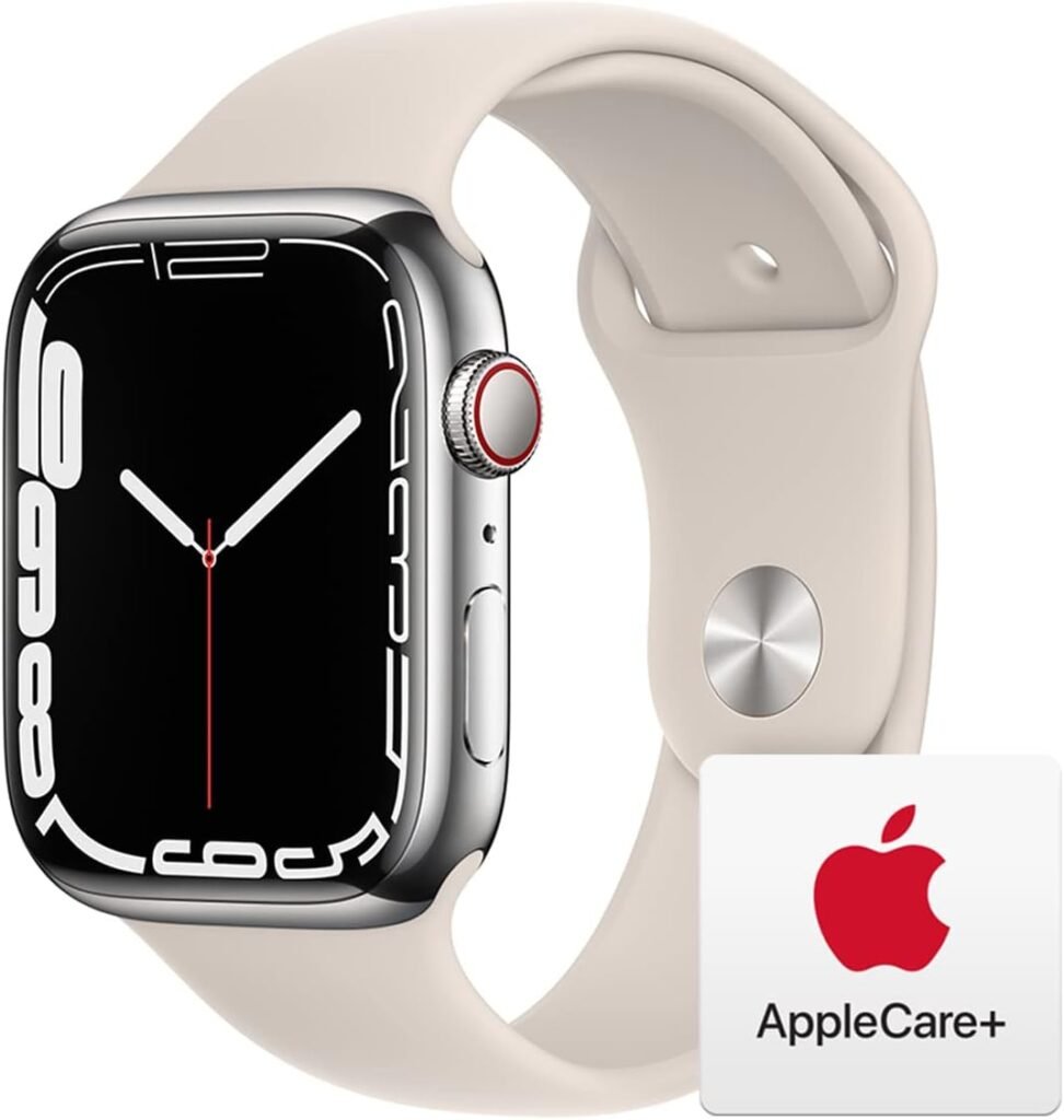 Apple Watch Series 7 [GPS + Cellular 45mm] Smart watch w/Silver Stainless Steel Case with Starlight Sport Band. Fitness Tracker, Blood Oxygen  ECG Apps, Always-On Retina Display, Water Resistant