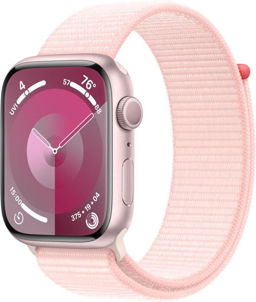 Apple Watch Series 9 [GPS 45mm] Smartwatch with Pink Aluminum Case with Pink Sport Loop. Fitness Tracker, Blood Oxygen  ECG Apps, Always-On Retina Display, Carbon Neutral