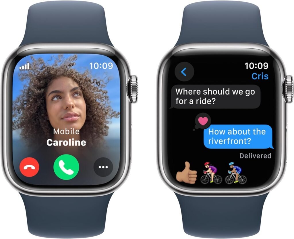 Apple Watch Series 9 [GPS + Cellular 41mm] Smartwatch with Silver Stainless Steel Case with Storm Blue Sport Band S/M. Fitness Tracker, Blood Oxygen  ECG Apps, Always-On Retina Display
