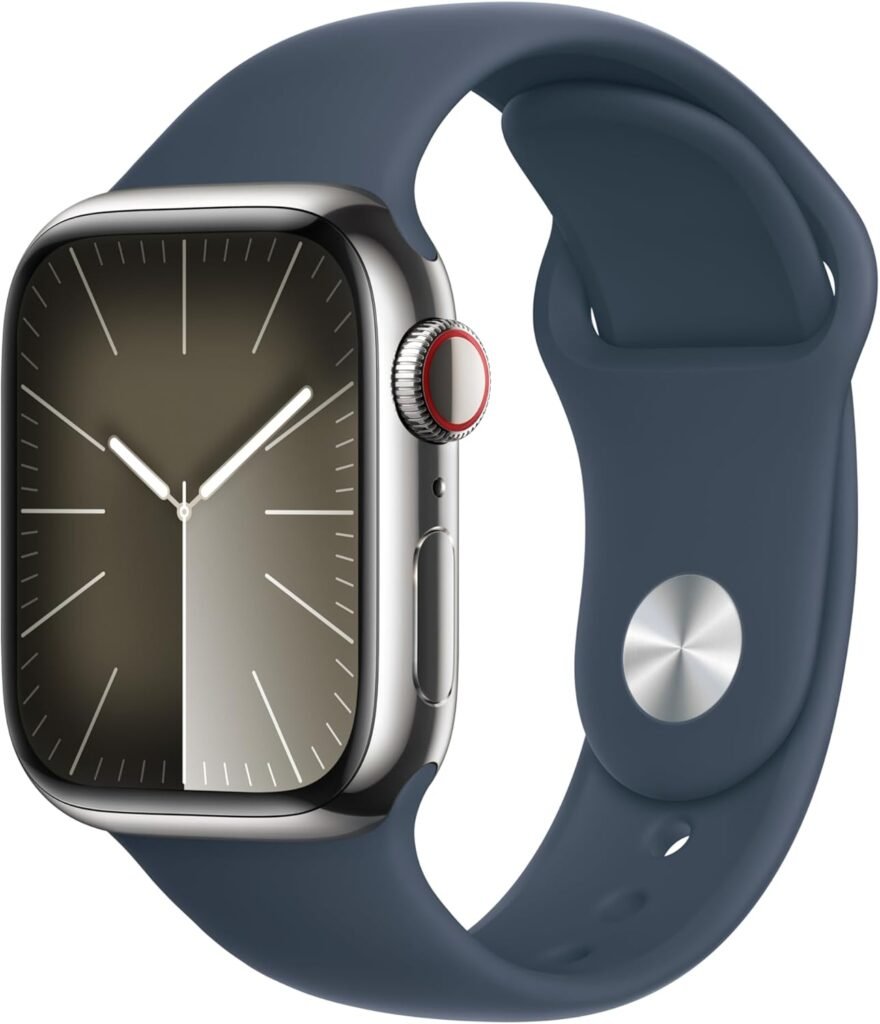 Apple Watch Series 9 [GPS + Cellular 41mm] Smartwatch with Silver Stainless Steel Case with Storm Blue Sport Band S/M. Fitness Tracker, Blood Oxygen  ECG Apps, Always-On Retina Display