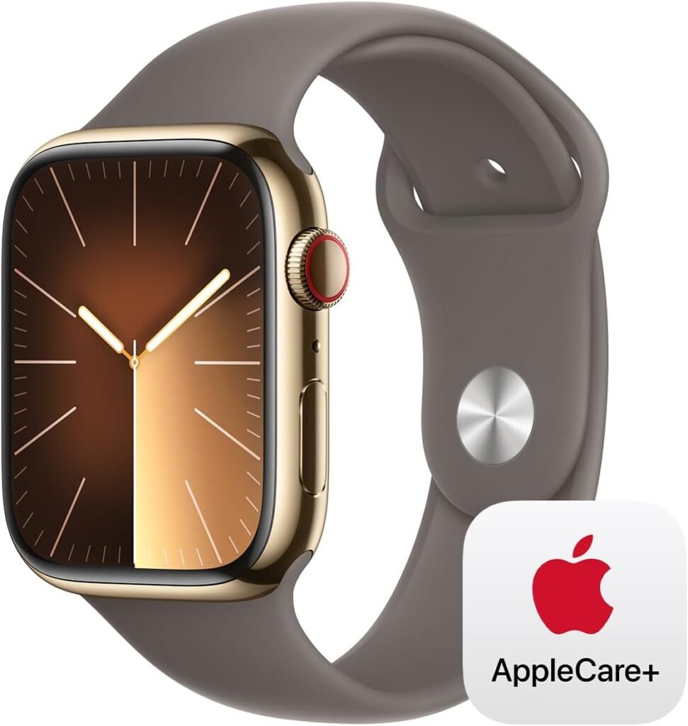 Apple Watch Series 9 [GPS + Cellular 45mm] Smartwatch with Gold Stainless Steel Case with Clay Sport Band S/M with AppleCare+ (2 Years)