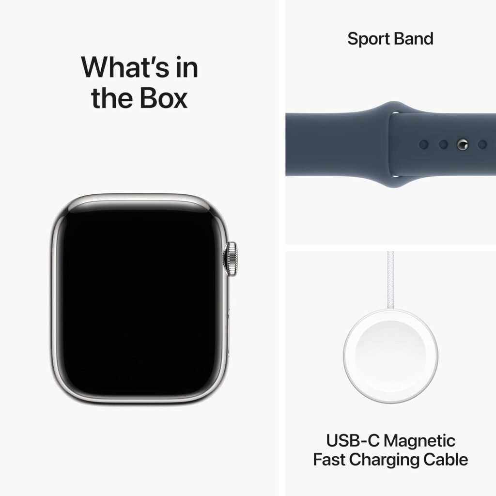 Apple Watch Series 9 [GPS + Cellular 45mm] Smartwatch with Silver Stainless Steel Case with Storm Blue Sport Band S/M. Fitness Tracker, Blood Oxygen  ECG Apps, Always-On Retina Display