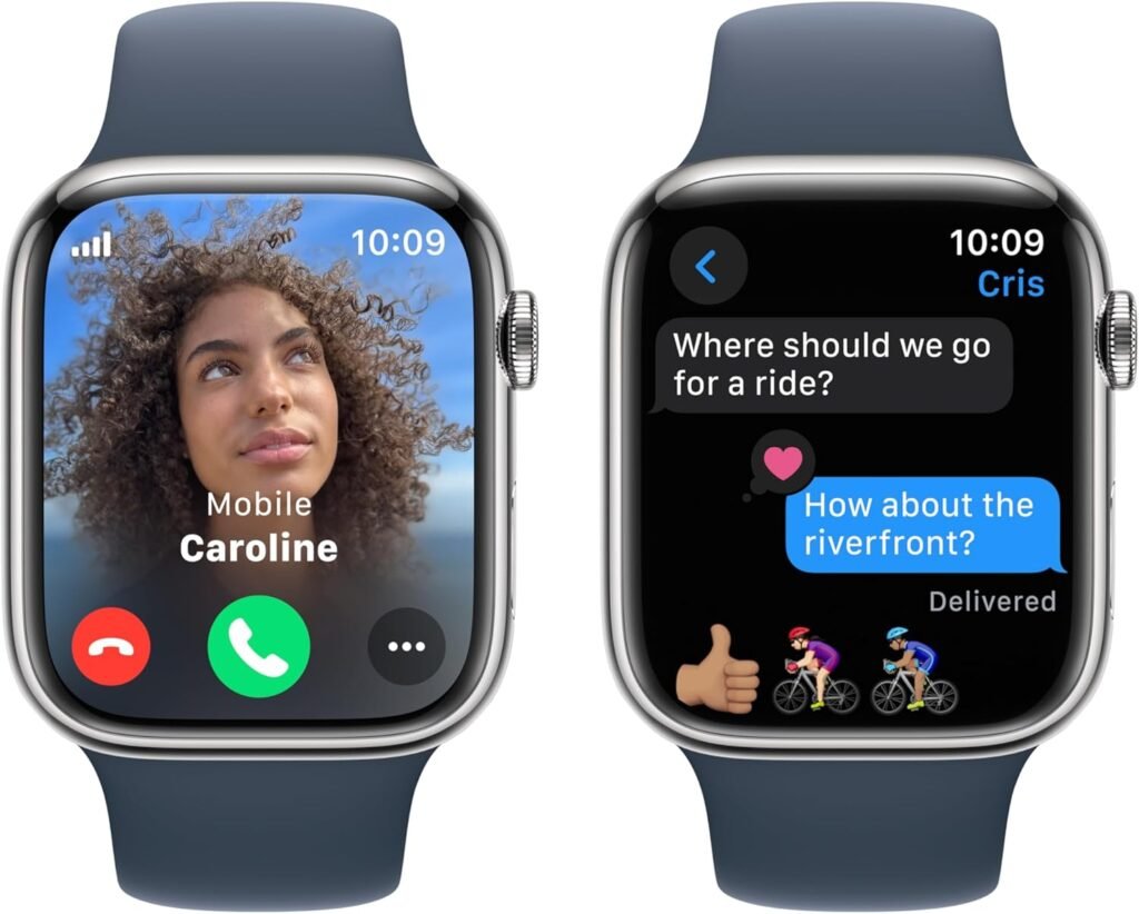 Apple Watch Series 9 [GPS + Cellular 45mm] Smartwatch with Silver Stainless Steel Case with Storm Blue Sport Band S/M. Fitness Tracker, Blood Oxygen  ECG Apps, Always-On Retina Display