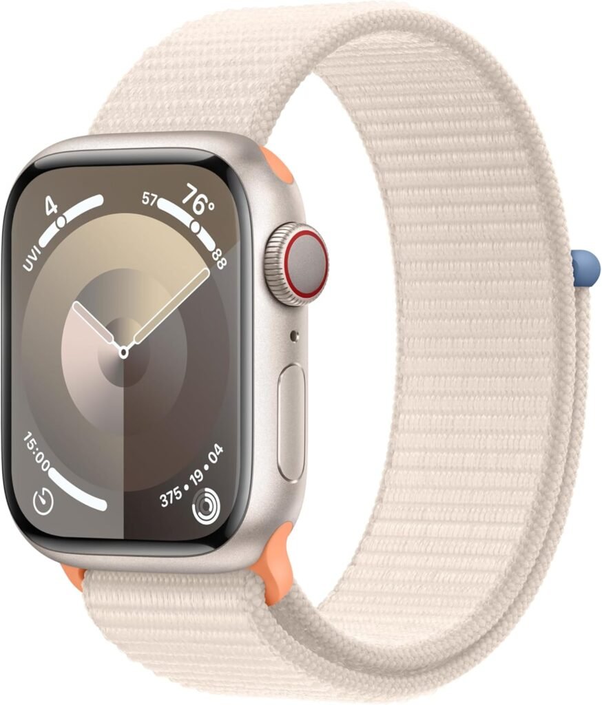 Apple Watch Series 9 [GPS + Cellular 45mm] Smartwatch with Starlight Aluminum Case with Starlight Sport Loop. Fitness Tracker, ECG Apps, Always-On Retina Display, Carbon Neutral