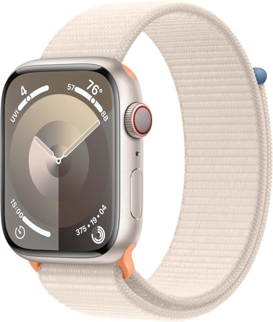Apple Watch Series 9 [GPS + Cellular 45mm] Smartwatch with Starlight Aluminum Case with Starlight Sport Loop. Fitness Tracker, ECG Apps, Always-On Retina Display, Carbon Neutral