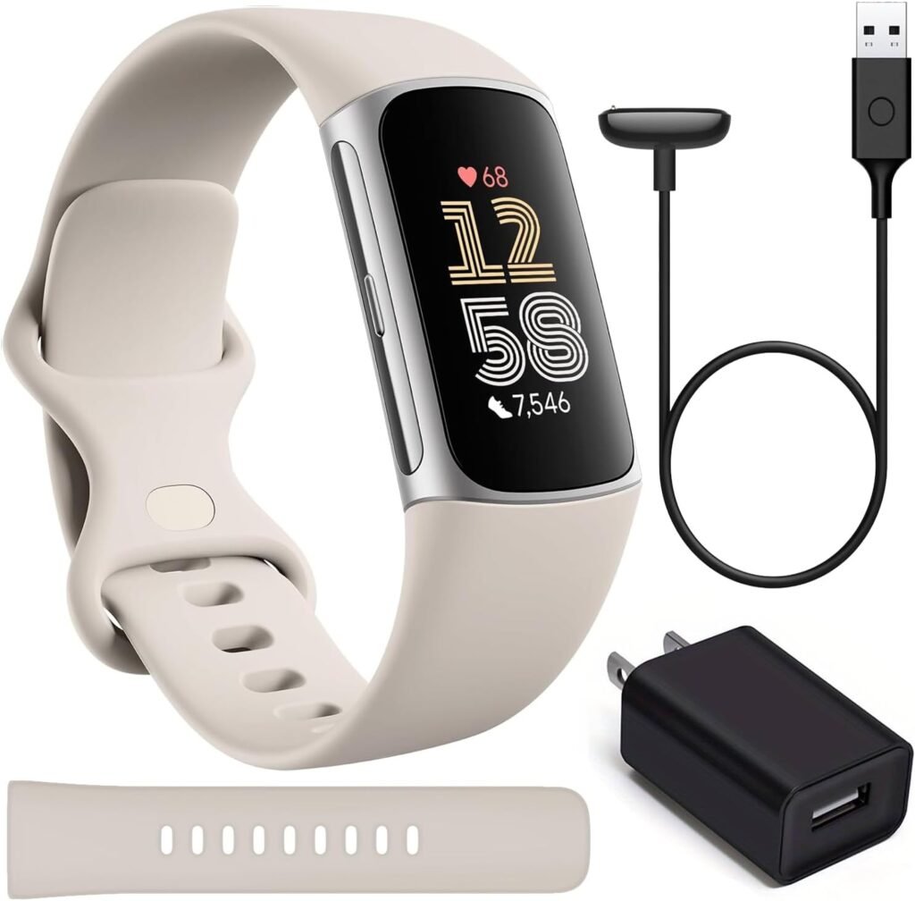 Fitbit Charge 6 Bundle Fitness Tracker Health Watch Power Bundle with Adapter (Porcelain/Silver) Fit Bit Smart Watches for Women  Men with Heart Rate Monitor, GPS and Activity Tracker