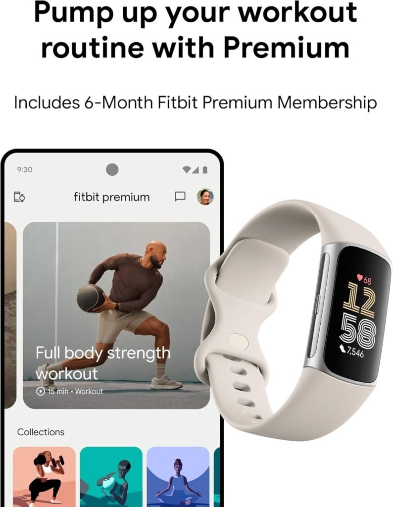 Fitbit Charge 6 Fitness Tracker with Heart Rate, GPS, Premium Membership, Health Tools - Porcelain/Silver