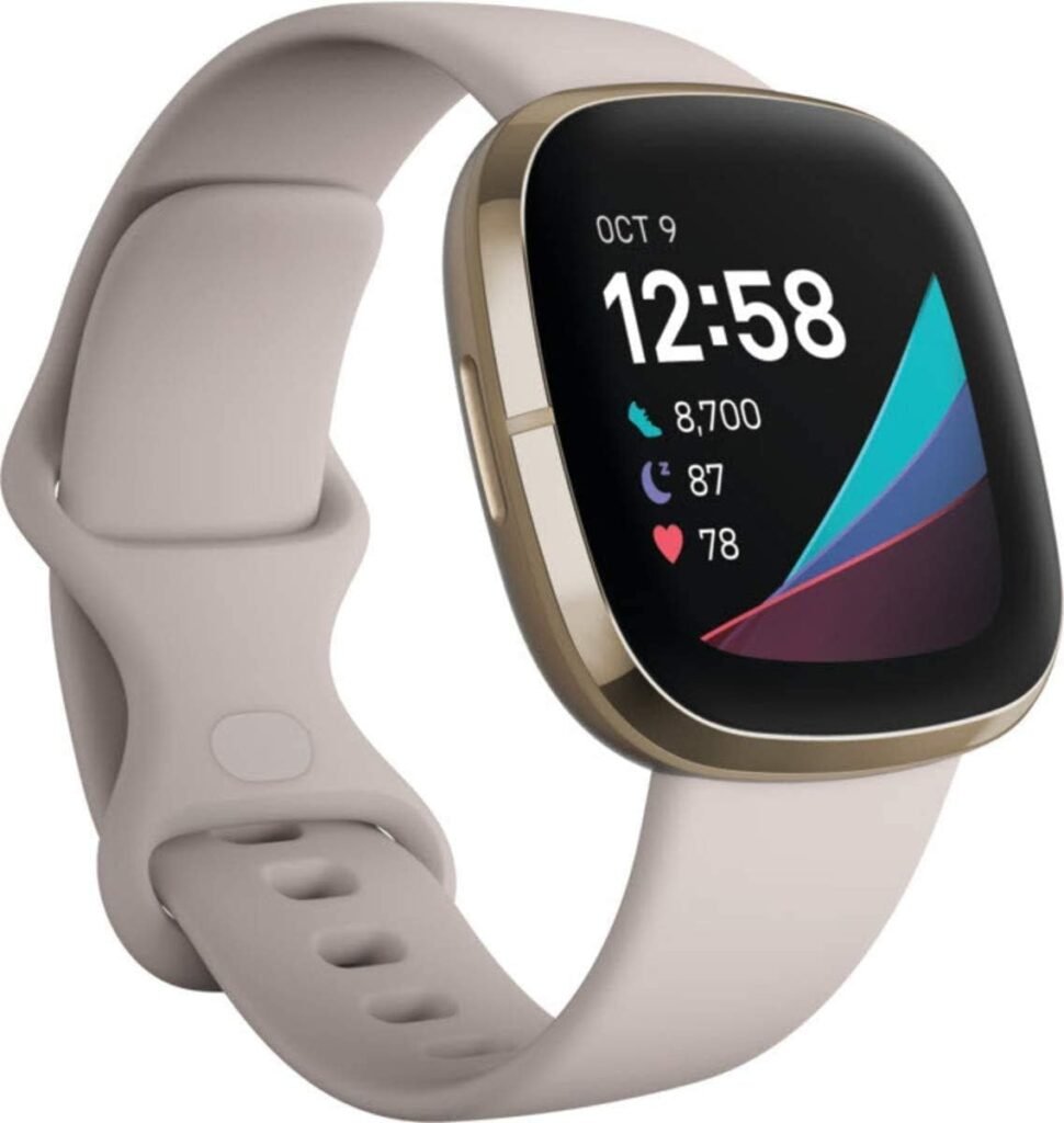 Fitbit Sense Health  Fitness Smartwatch W/GPS, Bluetooth Call/Text, Heart Rate SpO2, ECG, Skin Temperature  Stress Sensing (S  L Bands, 90 Day Premium Included) International Version (White/Gold)