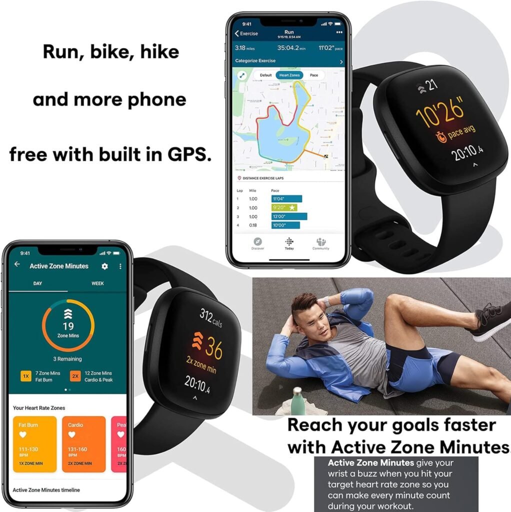 Fitbit Versa 3 Health  Fitness Tracker Smart Watch (Black) with Built-in GPS, Alexa, 24/7 Heart Rate, S  L Bands, Bundle with Charge Dock, Wall Adapter, Screen Protectors  PremGear Cloth