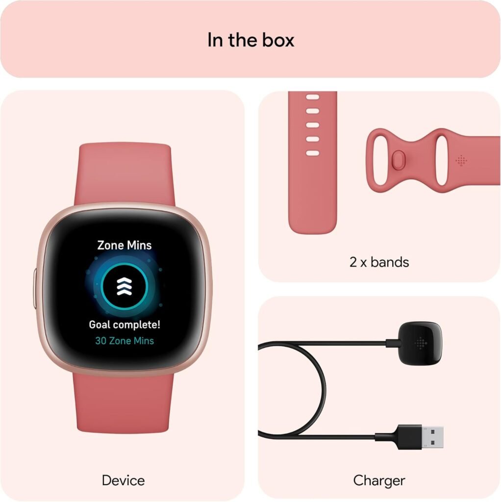 Fitbit Versa 4 Fitness Smartwatch with Daily Readiness, GPS, 24/7 Heart Rate, 40+ Exercise Modes, Sleep Tracking and More, Pink Sand/Copper Rose, One Size (S  L Bands Included) (Renewed)