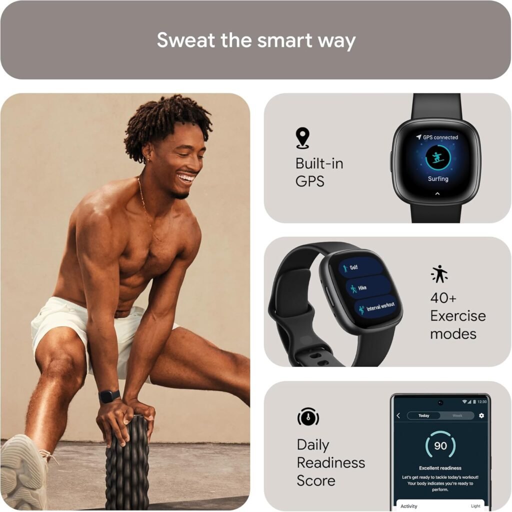 Fitbit Versa 4 Fitness Smartwatch with Daily Readiness, GPS, 24/7 Heart Rate, 40+ Exercise Modes, Waterfall Blue/Platinum, One Size (S  L Bands Included) + Sports Strap Bundle