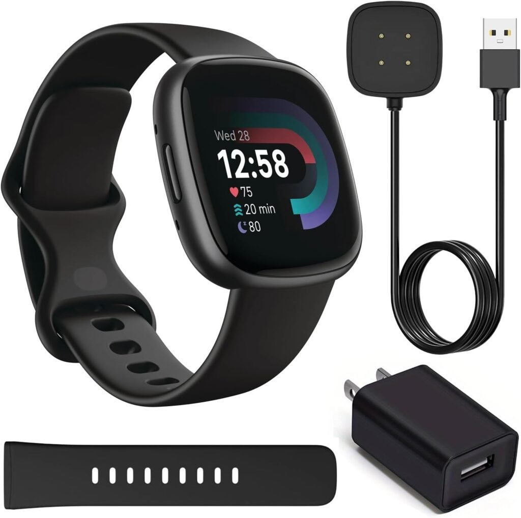 Fitbit Versa 4 Health and Fitness Smart Watch (Black/Graphite) with GPS, 6 Day Battery Life S  L Bands, Bundle with Wall Adapter